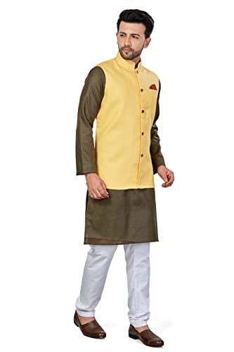 Image of BE ACTIVE Linen Blend Solid Pattern Trendy Comfortable Stylish Full Sleeve Kurta Pajama Set with Jacket Nehru Style Koti for Men's Ethnic Wear