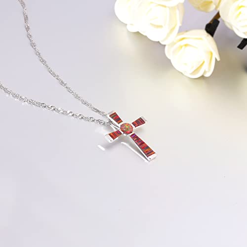 Cinily Chain Necklace For Women Pendant Silver Plated Girls Cross Pendant Necklace Personalized Opal Pendant/Mystic Topaz Gemstone Pendant Criss Jewelry (Red Brown) #TOP3