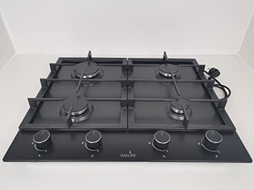 Gasline Einbau Gaskochfeld,4 flammig, Gasherd, GAG60INB Schwarz Matt, Sabaf-Brenner, Erdgas/Propangas, Elektrische 1-Handzündung, Thermoelektrische Zündsicherung