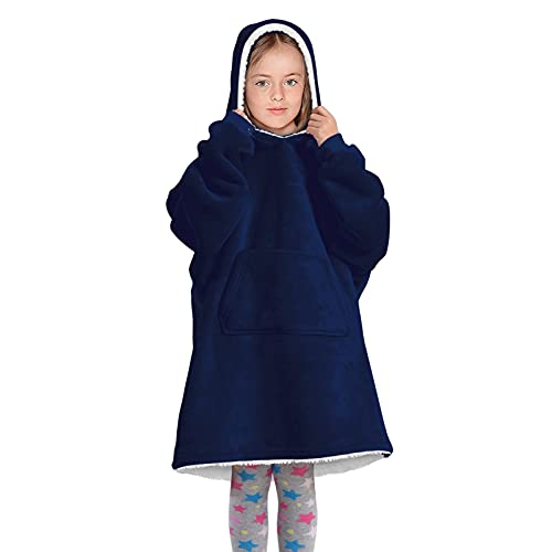 CENPENYA Manta de tamanho grande com capuz para crianças, camisola de roupão usável com bolso gigante, manta de Sherpa de forro polar, roupão para meninos e meninas, Azul