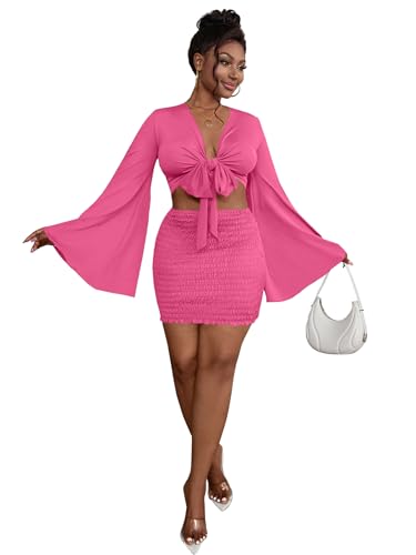 Image of LYANER Women 2 Piece Vacation Outfits Tie Knot Front Bell Long Sleeve Crop Top and Mini Skirt Summer Set