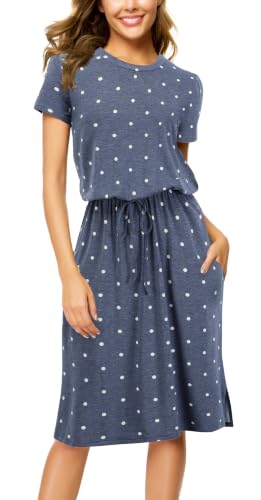 Image of Simier Fariry Womens Summer Hide Belly Knee Length Travel Dress Pocket Short Sleeve Midi Work Casual Outfits