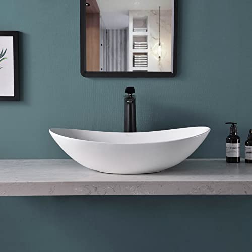 Tysun Vessel Sink Oval, 24'' X 14'' Bathroom Sink Above Counter, Porcelain Ceramic Bathroom Vessel Sink, White Bathroom Vessel Vanity Sink Art Basin #TOP1