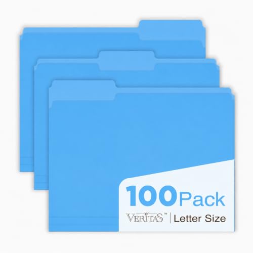 Blue Manila File Folders 100 Pack, Letter Size 8.5 x 11, 1/3-Cut Tab Colored File Folders, Durable Everyday Folders for Office, School, Home & Business Filing Supplies