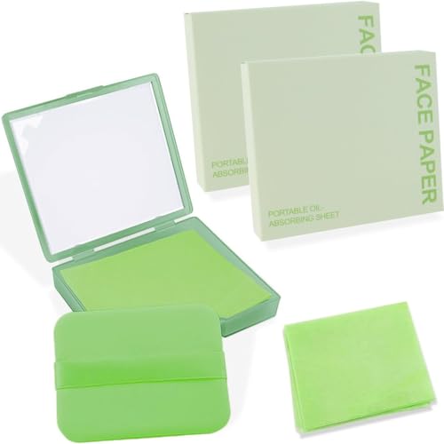 JYNXOR 300 Pcs hojas de papel absorbente facial con espejo y borla, papel secante de aceite, papel para piel grasa, hojas absorbentes de aceite, control de brillo, papel matificante verde