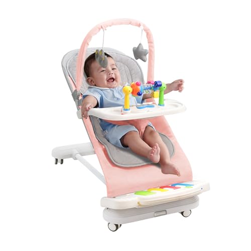 Babywippe mit Abnehmbarer Spielbogen, Baby Bouncer mit Klavierspielzeuge, Fütterungstablett, Verdicktem Kissen und Rädern, 4-Stufig Verstellbare Wippe Baby für Neugeborene 0-18 Monate (Rosa)