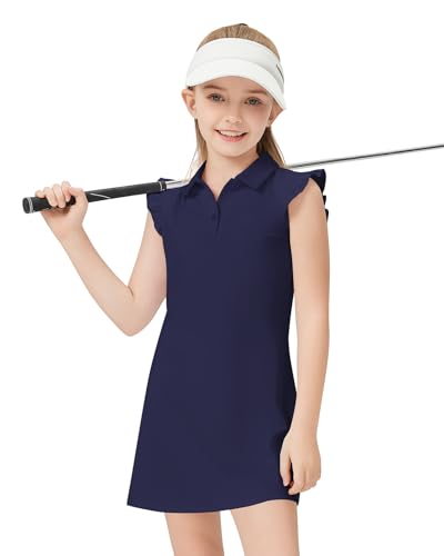 Soneven Girls Sleeveless Tennis Dress Kids Ruffle Golf Dress School Sports Athletic Dresses Outfit with Shorts Pockets