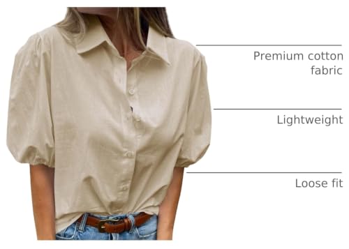 Image of Tankaneo Women's Button Down Shirts Short Puff Sleeve Collared Dressy Casual Blouse Tops