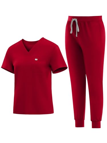 Eadflie Medical Scrubs Set for Women - Classic V-Neck Top & Jogger Pants with Stretch Nursing Uniform Scrub Suit - (Red/M)
