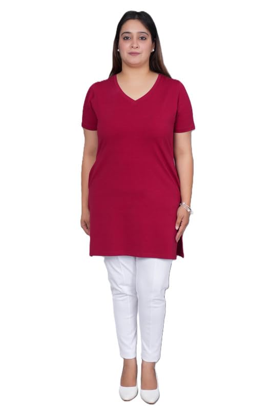 mlada V Neck Cotton Half Sleeves Long Tshirt with 2 Side Pockets for Women | Stretchable Regualr Fit Solid Cotton Tshirts | Casual Tshirts for Women Office Wear | Solid V-Neck Kurti Tshirt-picture-38