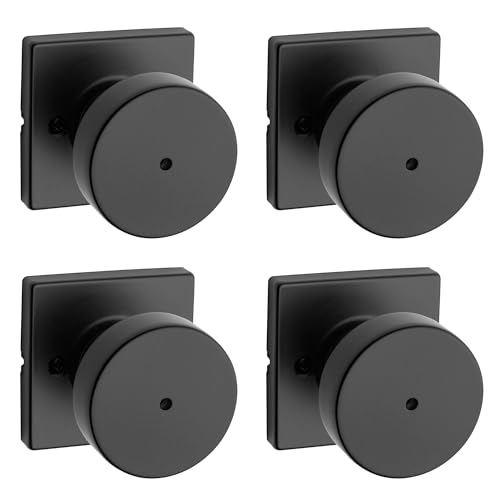 Image of Kwikset Pismo Interior Square Privacy Door Knob with Lock, Door Handle for Bathroom and Bedroom, Matte Black Keyless Push Button Lock Doorknob