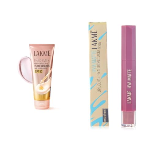 Image of Lakme Peach Milk Sunscreen Moisturiser SPF 50 PA with 2% Pro-Ceramides Peptides Lakme 9to5 Hya Matte, Pro Pink Medium Liquid Lipstick, for Soft and Supple Lips, with Hyaluronic Acid Vitamin
