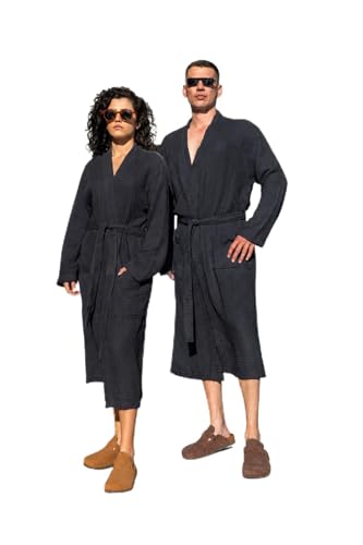 Image of Muslin Unisex Bathrobe Women & Men, 100% Cotton Kimono Lightweight Robe | Long Robes Soft, Absorbent, Spa robes