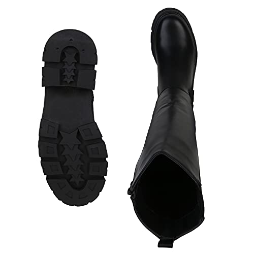 VAN HILL Damen Klassische Stiefel Blockabsatz Schuhe Profilsohle Boots Absatzschuhe Freizeitschuhe 201156 Schwarz Total 37