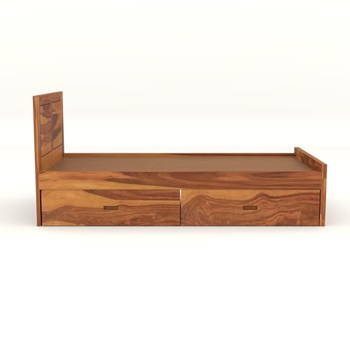 Image of Solid Sheesham Wood Single Size Bed with 2 Drawer Storage Wooden Single Cot Bed for Home Living Room Bedroom Guest Room Hotel (Honey, Size 6 * 4)