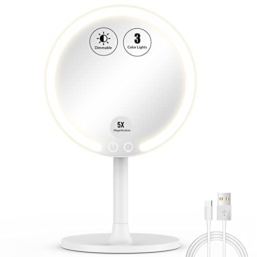 EASEHOLD 5X Magnification Lighted Make-up Mirror, Rechargeable 2000 mAh Battery, Wi-fi Vainness Mirror, Sort-C Charging, 56 LEDs, 3 Mild Coloration, Contact Display screen, for Tabletop, Rest room, White