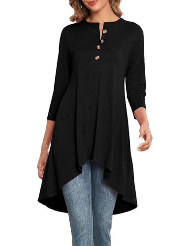 Naggoo Women's 3/4 Sleeve T-Shirts Crew Neck Buttons High Low Loose Casual Long Tunic Tops Blouses S-3XL