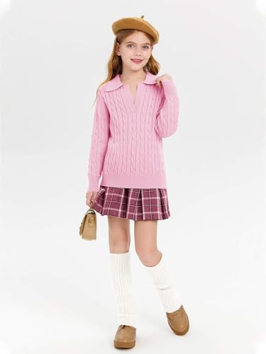 Girls Sweaters Kids Fashion Cable Knit Collared V Neck Pullover Sweater Tops 5-14 Years3