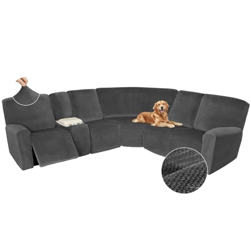 Arfntevss Sectional Recliner Couch Covers Velvet Washable Corner Sectional Sofa Cover for Reclining Stretch Soft Thick L Shape Recliner Slipcover Set (5 Seat with 1 Console Cover, Charcoal Gray)