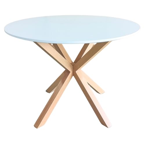 Noorsk Design Mesa Redonda Comedor 100 cm - Mesa Comedor Redonda con Patas Metálicas, Acabado Efecto Madera, sobre de Madera de DM Lacado en Blanco, 75 cm Altura, Mesa Redonda Moderna