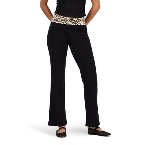Forever 21 Women's Wide Leg Legging with Contrast Fold Over Waist, Black, X-Small