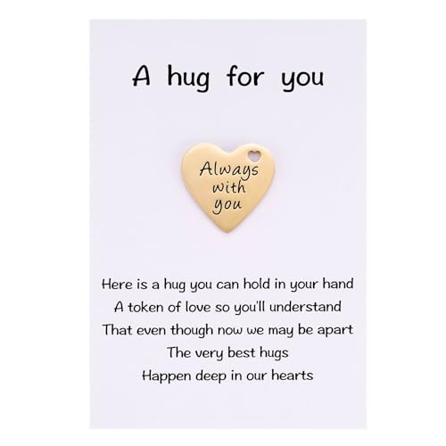Little Pocket Hug Gift, Always with You Steel Token, Double Sided Thinking of you Gifts with Leather Keychain, Xmas Anniversary I Love You Long Distance Relationship Gift for Her Him, Gold