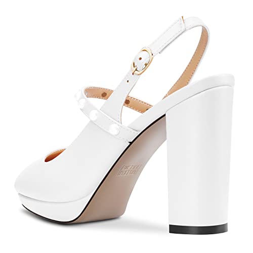 TNYNFBEB Womens Chunky Block High Heel Close Pointed Toe Pumps Ankle Strap Buckle Pearls Party Cute 3.9 Inches Heels3