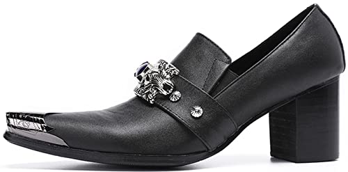 Santimon Men's Slip-On Loafers Dress Shoes with Metal Toe Cap & Silver Skull Ornament – Black Block Heel Leather Punk Western Loafers for Wedding, Stage, Cosplay, Party2