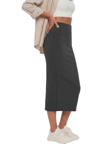 Image of Rooscier Women's High Waisted Pencil Midi Skirt | Stretchy Bodycon Knee Length Skirts with Back Slit