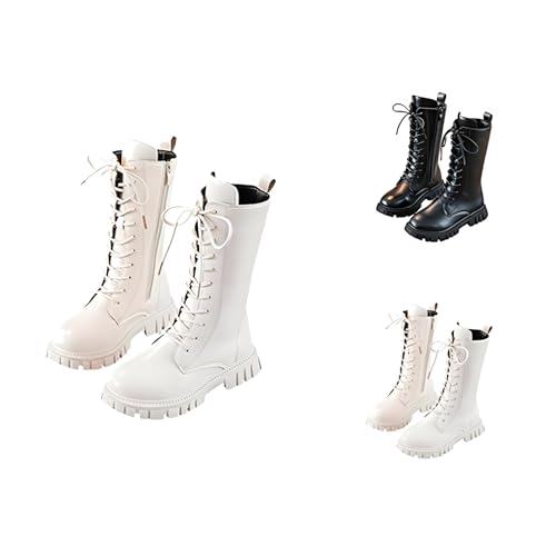 Girls Combat Boots Winter Fur Lined Side Zipper Lace-Up Riding Boots Solid Color Non-Slip High Leather Boot for Winter