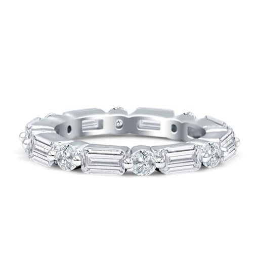 OMRANII Minimalist Full Eternity 3mm Alternating Emerald Cut & Round Cubic Zirconia Stackable Classic Style Wedding Band 925 Sterling Silver2