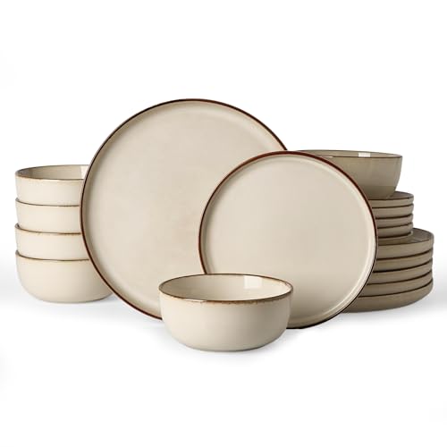 Image of Famiware Milkyway Stoneware Dinnerware Set, 18-Piece, Double Reactive Glaze, Plates and Bowls, Service for 6, Microwave and Dishwasher Safe, Scratch-Resistant, Light khaki