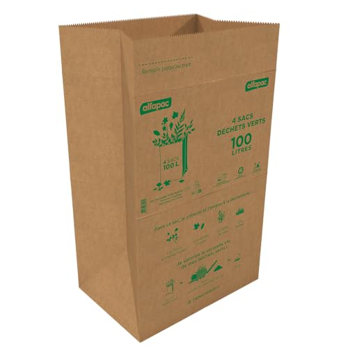 alfapac - Sacs Déchets Verts en Papier Kraft -Sacs Compostables - Fond Plat - Papier Recyclé - Certifiés OK Compost Industriel - 4 x 100L