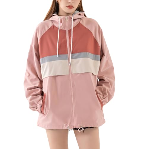 Women's Reversible Waterproof Jacket Lightweight Outdoor Windbreaker Hood Pockets Travel Trekking Camping