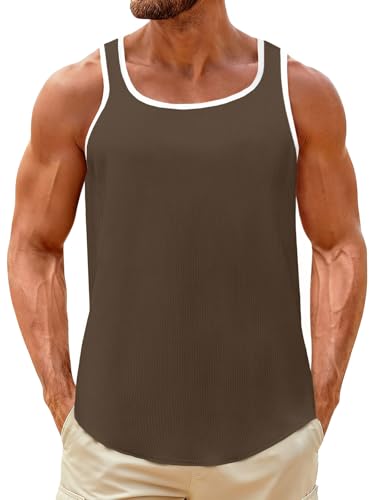 UNCLECAT Mens Sleeveless Tank Tops Workout Muscle Gym Knitted Shirt Athletic Bodybuilding Slim Fit Ribbed T Shirts Coffee