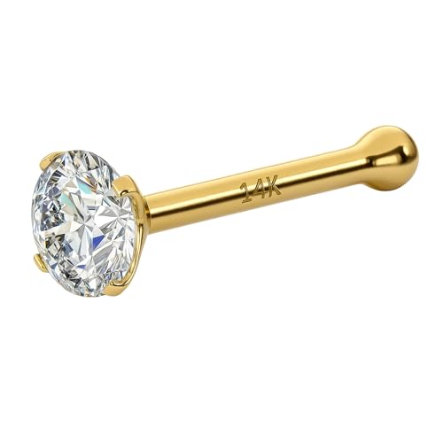 EternalDia IGI Certified Real Diamond Nose Stud With Ball Barbell 14K Gold Nose Stud in 20 Gauge/Nose Ring Stud Bone Barbell For Women/Diamond Color I J and Clarity I2 I3 0.10Ct | Mothers Day Gift