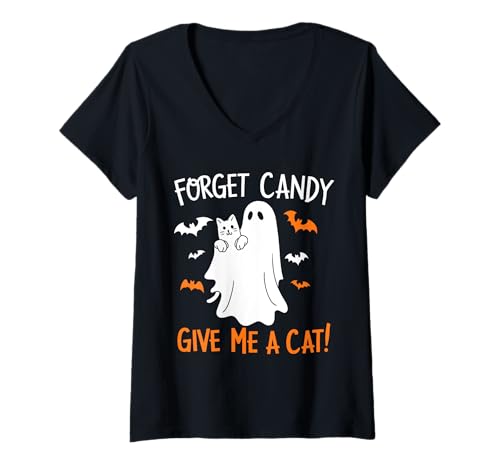 Womens Forget Candy Give Me a Cat Halloween V-Neck T-Shirt