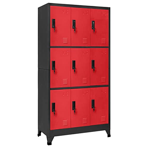 Homgoday Meuble de rangement avec serrure anthracite et rouge, 90 x 45 x 180 cm, acier, armoire de rangement avec 9 compartiments, étagères pour armoire...