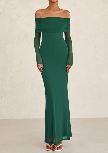 Image of PRETTYGARDEN Fall Dresses for Women 2025 Elegant Off The Shoulder Long Sleeve Formal Wedding Guest Bodycon Maxi Dress(Green,Small)