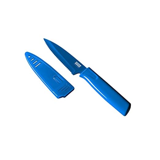 KUHN RIKON Colori Non-Stick Serrated Paring Knife with Safety Sheath, 4 inch, Blue
