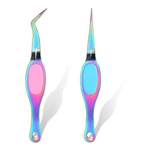 COMNICO 2pcs Reverse Curved & Straight Fine Tip Tweezers - Stainless Steel Soft-Grip Cross Locking Tweezers for DIY Jewelry, Eyelash Extensions & Nail Beading