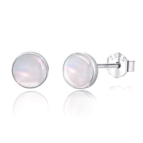 925 Sterling Silver Mother of Pearl Round Shape 5MM Tiny Studs Earrings, Hypoallergenic for Sensitive Ears, Pearl Jewelry Mother Day for Women Girlfriend with Box