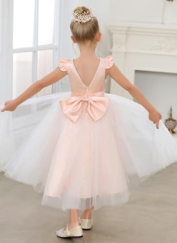 Princess Pearls Flower Girls Dress Tulle A-Line Wedding Party Dresses Prom Puffy Ball Gowns with Bow-Knot T0223