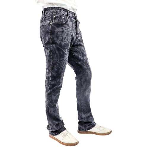 Men's Floral Print Straight Leg Skinny Elastic Force Jeans, Black Gray Acid Wash Denim, Vintage Style Pattern2