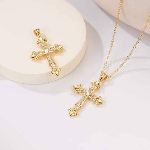 14K Gold Cross Necklace for Womens Gold Cross Necklace for Men Baroque Pendant Elegant Chain Women CZ Stones 43cm and 6cm3