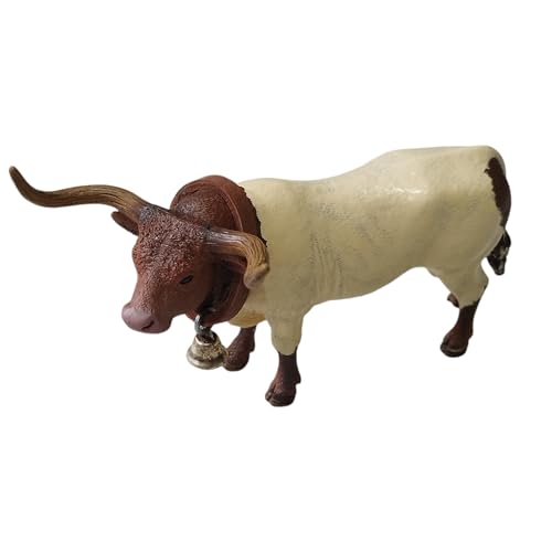 AMBIENTS ARTESANIA - Toros de Juguete - Manso de Juguete de Resina - Blanco y Marrón - con Collerón de Piel y Cencerro - Cuernos Únicos en Cada Pieza - Medidas 16 x 8 x 9 cm - Figura Resistente