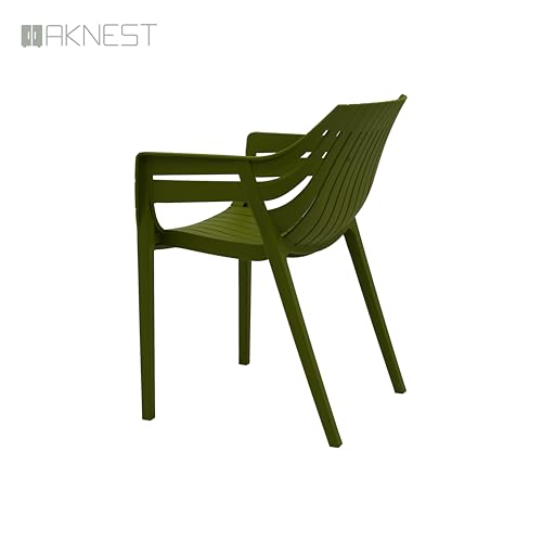 Image of OAKNEST Supreme Spectrum Plastic Arm Chair - Modern Slatted Stackable Chair for Living Room, Dining, Garden, Balcony, Restaurant & Cafe | Indoor Outdoor Designer Chair, Set of 4, Mehandi Green