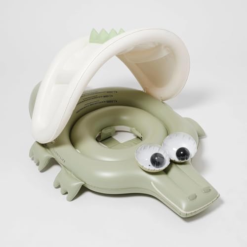 Image of SUNNYLiFE Baby Float - Cookie The Croc Khaki. Designed for Babies Aged 1-2 or 24-33lbs. with Removable Sun Canopy, Soft Leg Supports and Inflatable Head Rest for Comfort. Durable Non-Toxic PVC