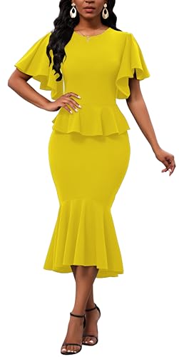 Image of Womens Summer Ruffle Short Sleeve Fishtail Dress Evening Cocktail Formal Peplum Midi Mermaid Dresses Elegant