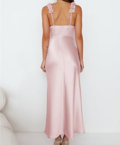Image of Phicia Summer Satin Spaghetti Strap V Neck Midi Dresses for Women Wedding Guest Elegant Flower Backless Cocktail Formal Dress